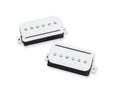 Two white guitar pickups with black bases and metal mounting tabs on a white background.