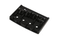 Black metal bridge component with four saddles and adjustment screws for string spacing.