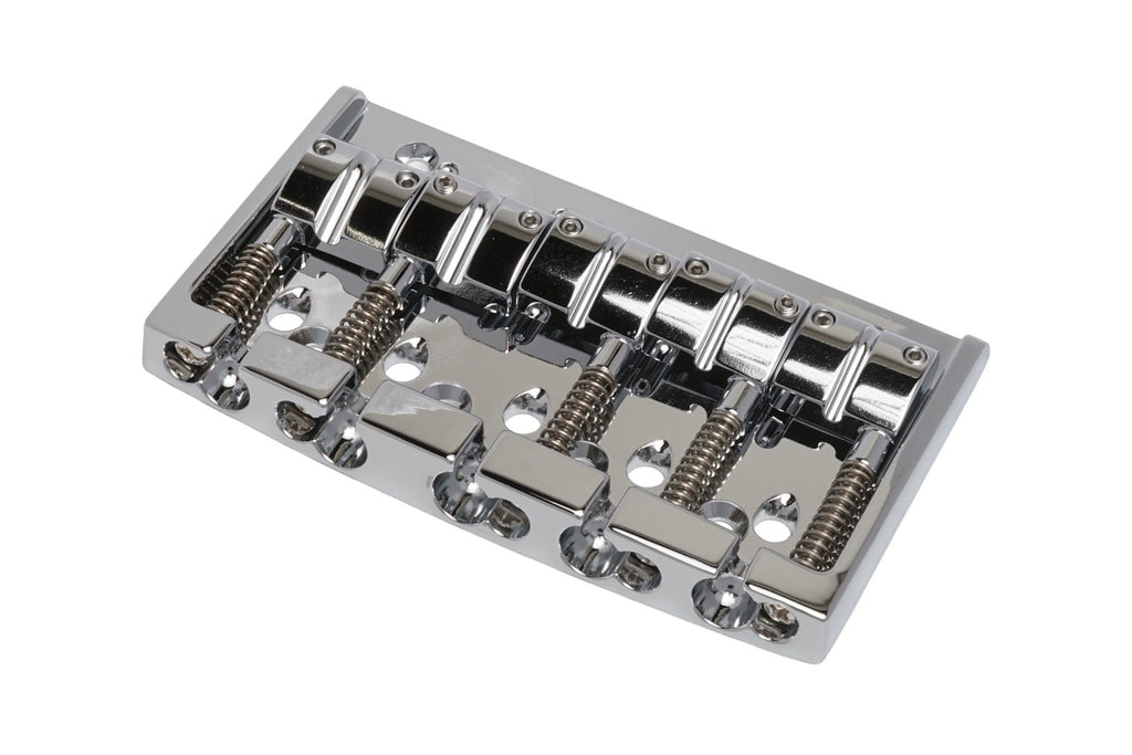Chrome metal bridge with five saddles and adjustment screws for a stringed instrument.