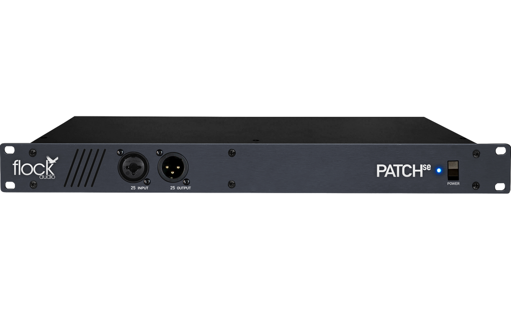 Black rackmount audio patchbay with combo input jack, XLR output, power switch, and blue power indicator light.