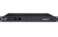 Black rackmount audio patchbay with combo input jack, XLR output, power switch, and blue power indicator light.