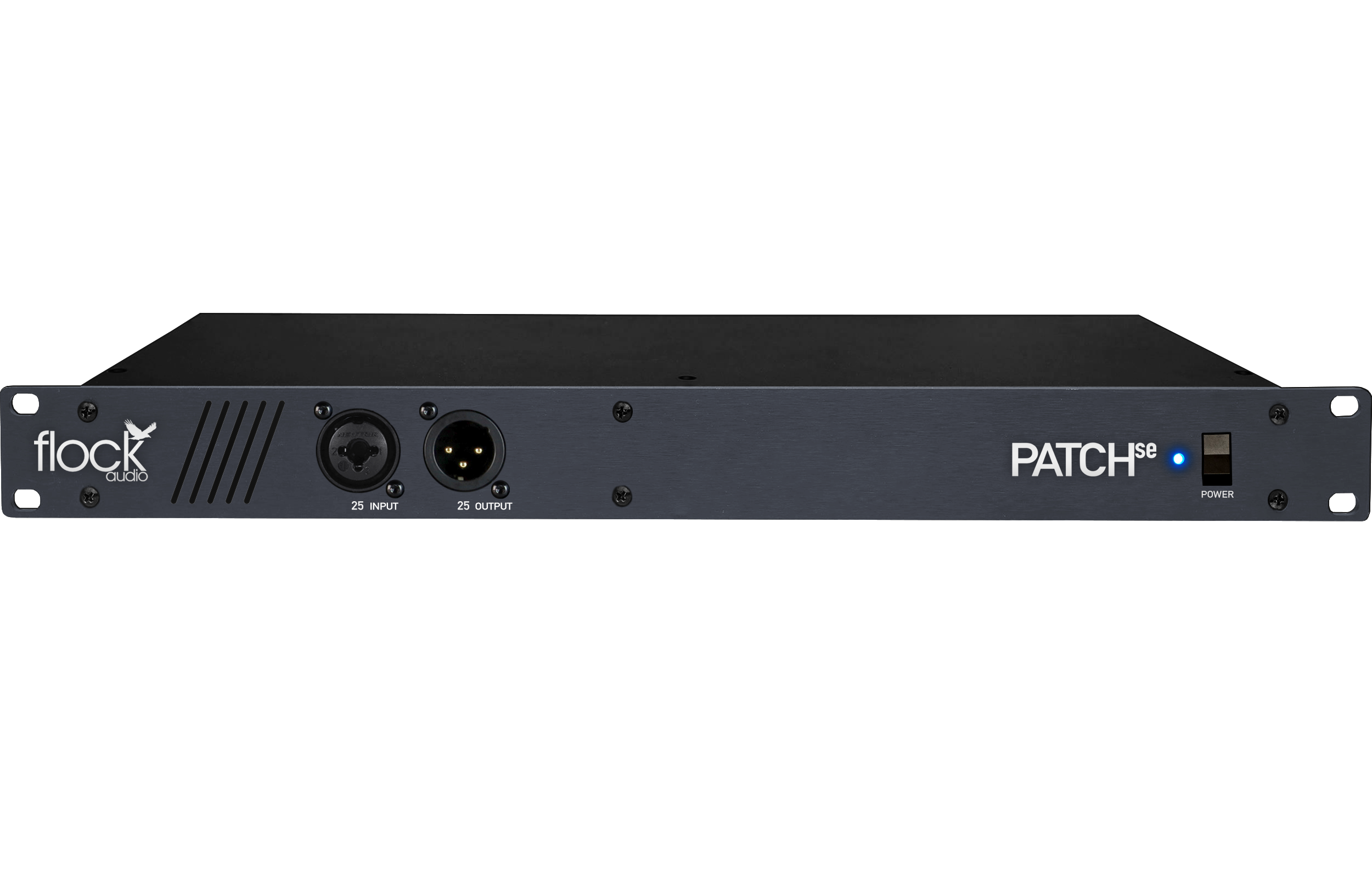 Black rackmount audio patchbay with combo input jack, XLR output, power switch, and blue power indicator light.