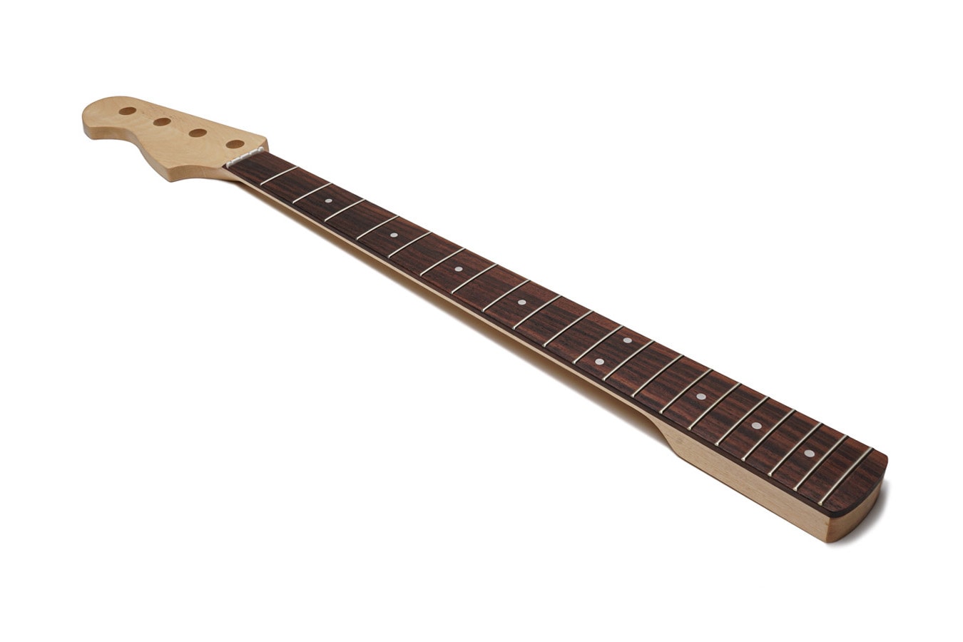 Maple guitar neck with rosewood fretboard and dot inlays shown against white background.