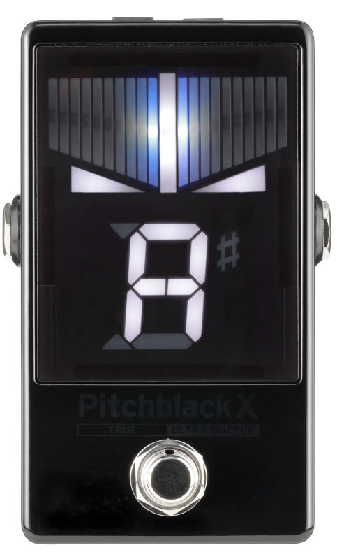 Black rectangular pedal tuner with digital display showing 'A#' and a single foot switch button below the screen.