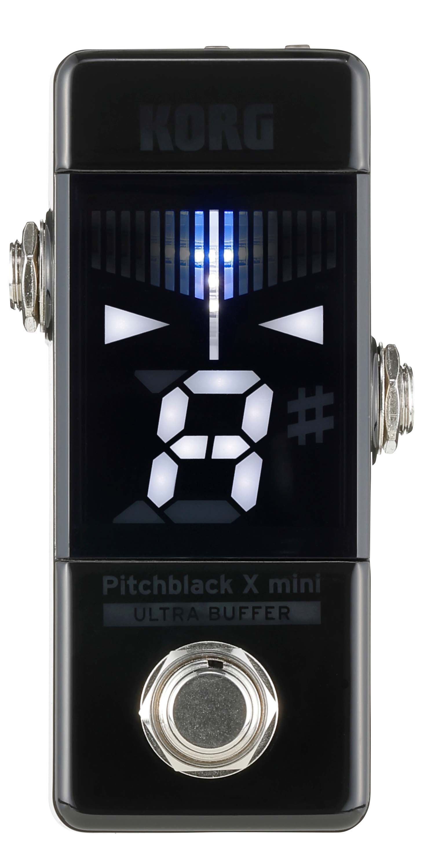 Black Korg Pitchblack X mini tuner pedal with digital display and metal footswitch