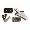 Circuit board with connectors, ribbon cables, panel mount multi-pin connector, and screws on white background.
