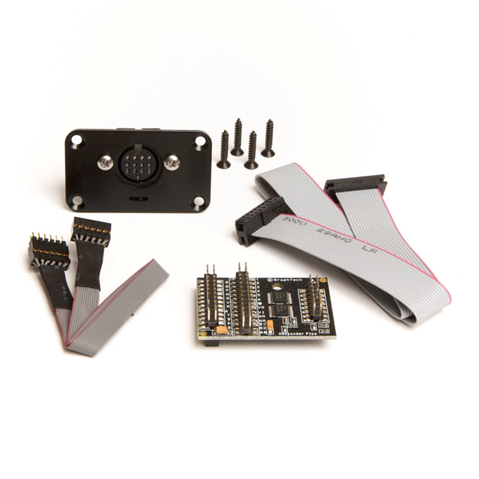 Circuit board with connectors, ribbon cables, panel mount multi-pin connector, and screws on white background.