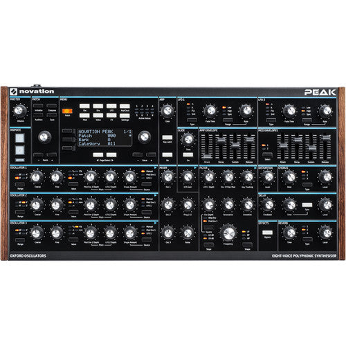 Front view of a Novation PEAK synthesizer with multiple knobs, buttons, and an LCD screen.