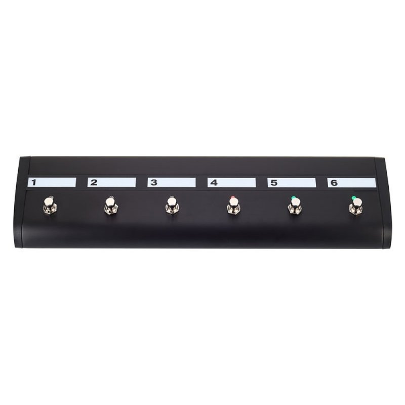 Black pedalboard with six labeled footswitches numbered 1 to 6 and colored LEDs on switches 4, 5, and 6.