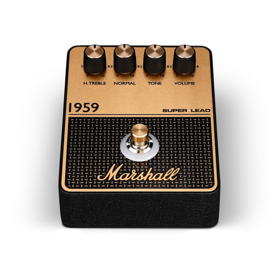 Marshall pedal with four labeled rotary knobs and one footswitch on a black and gold panel.