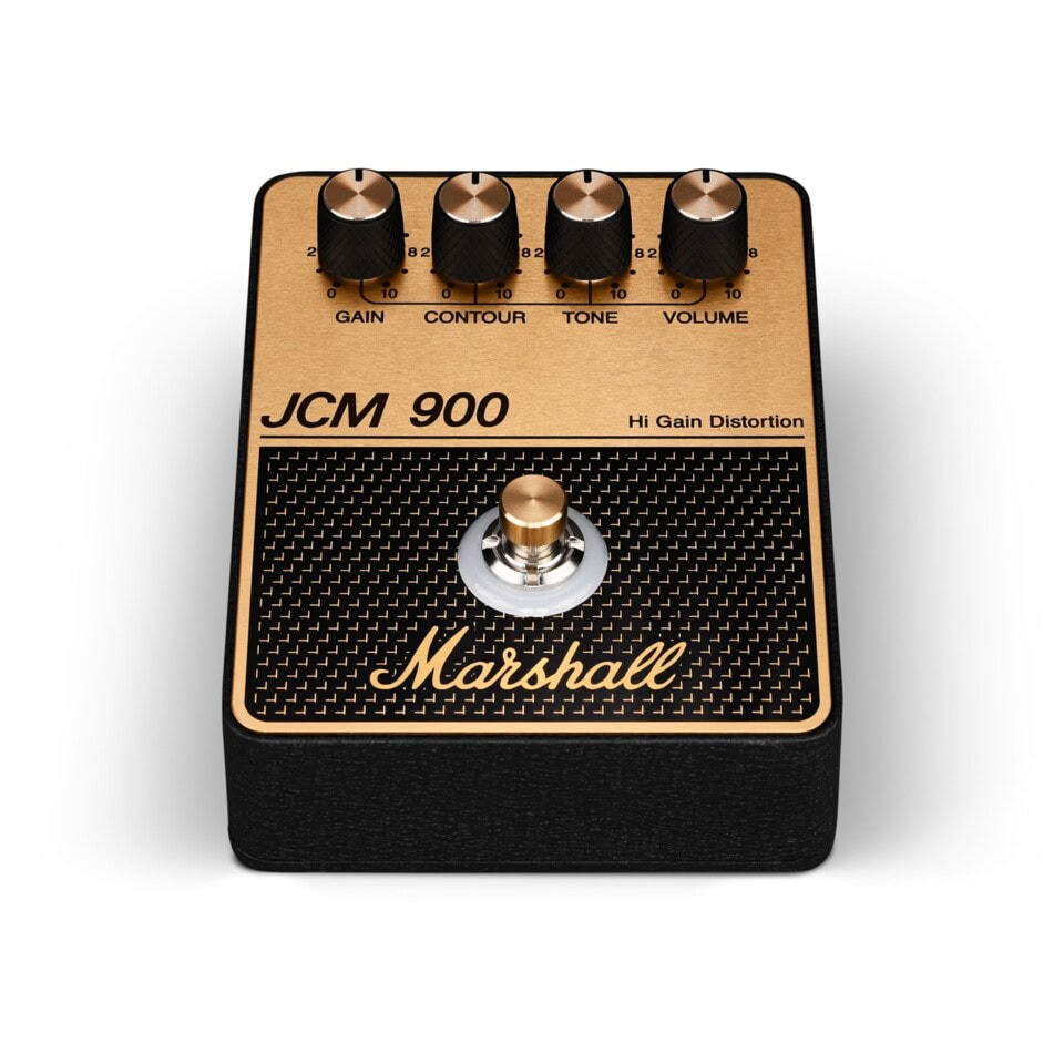 Marshall JCM 900 guitar effects pedal with four control knobs and one footswitch on gold and black casing.