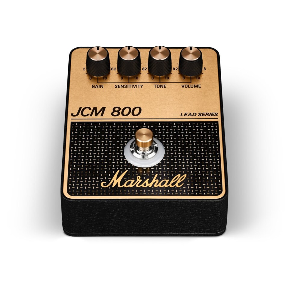 Black and gold Marshall JCM 800 guitar effects pedal with four control knobs and a footswitch.