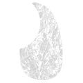 White pearloid pickguard with adhesive backing shaped for an acoustic guitar.