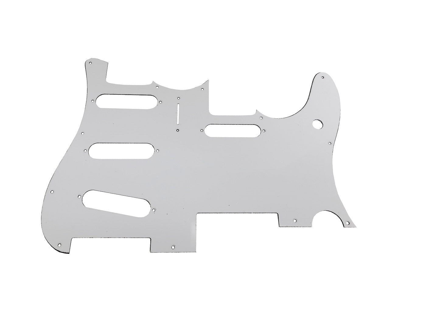 White 3-ply guitar pickguard with cutouts for pickups and control knobs.