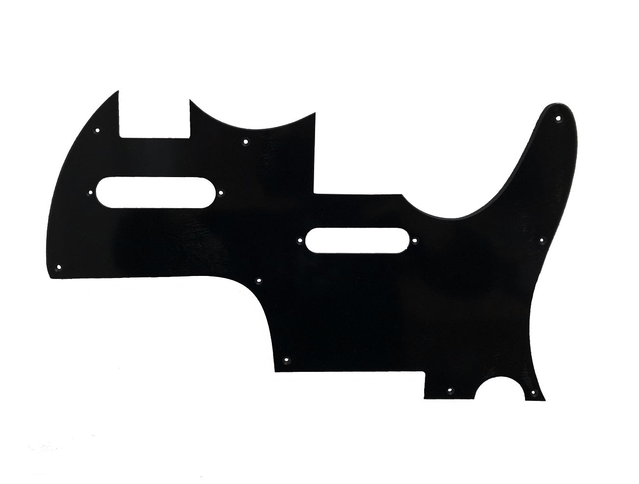 Black three-ply double neck pickguard with pre-drilled holes and pickup cutouts.