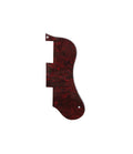 Dark red tortoise-patterned pickguard with multiple cutouts and two screw holes isolated on white background.