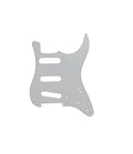 White three-ply pickguard with mounting holes and cutouts for pickups, designed for a Strat-style guitar.
