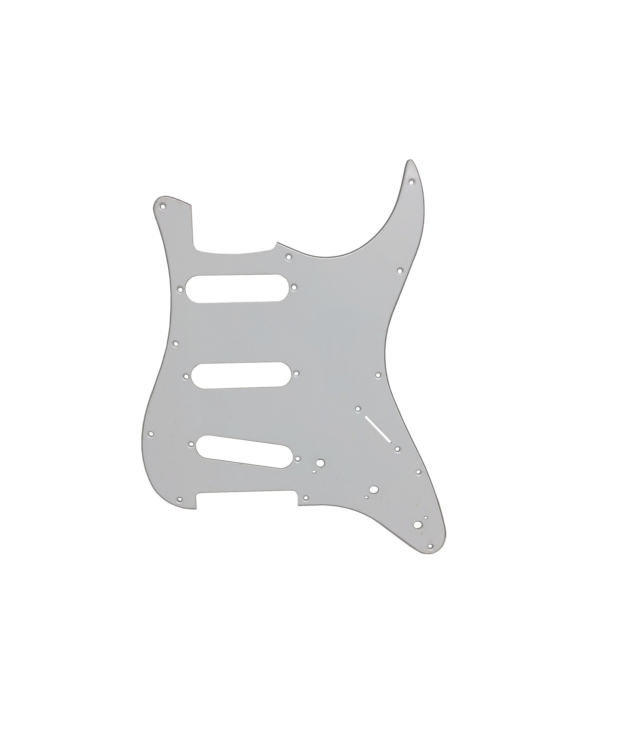 White three-ply pickguard with mounting holes and cutouts for pickups, designed for a Strat-style guitar.