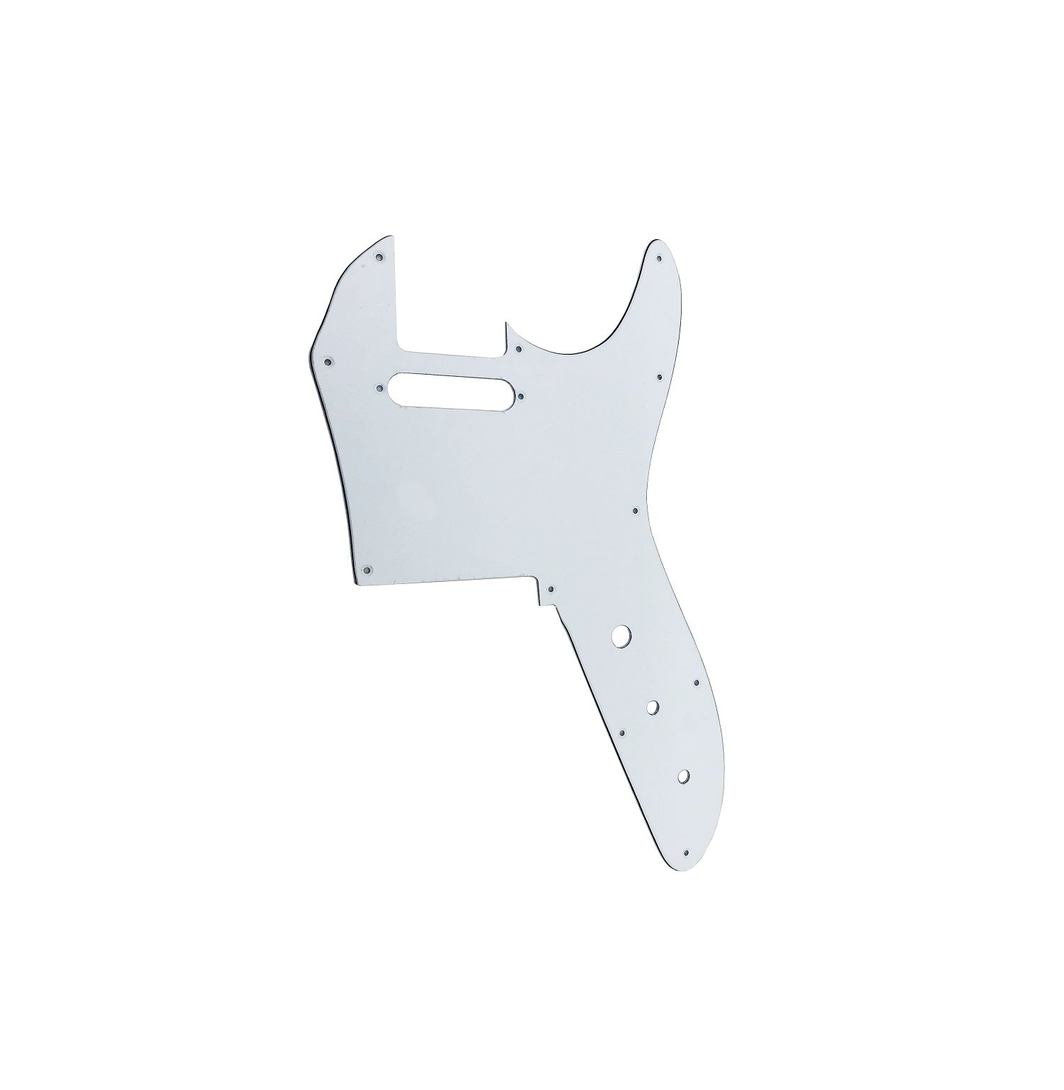 White 3-ply guitar pickguard designed for a Telecaster style guitar with mounting holes and cutouts.