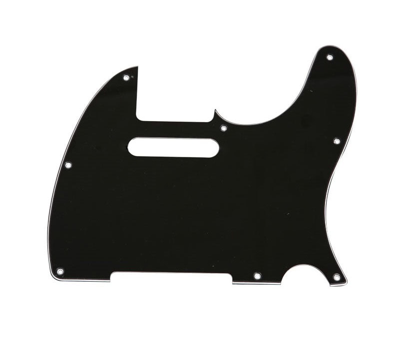 Black three-ply guitar pickguard with white and black layers and mounted screw holes.