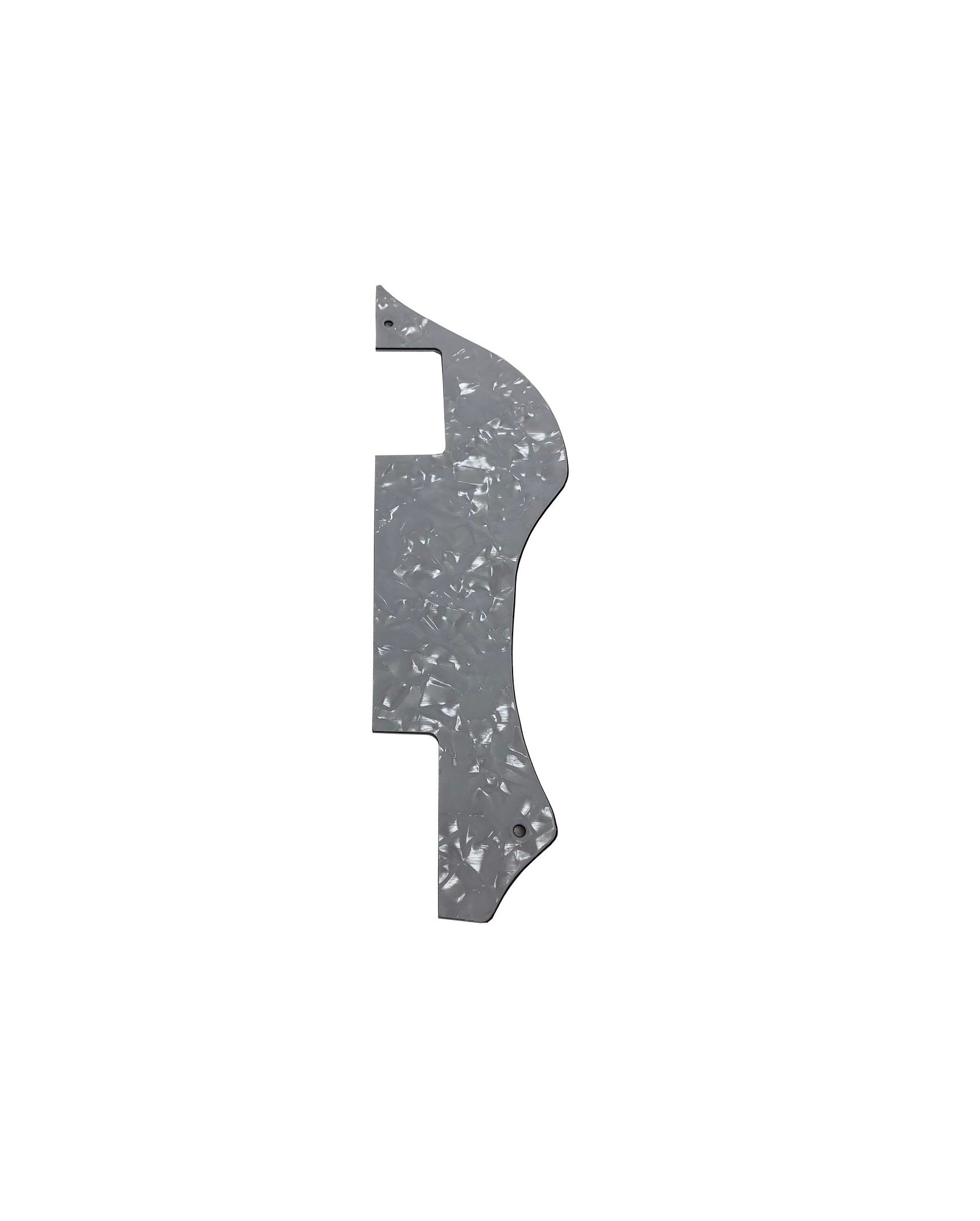 White pearloid 3-ply pickguard shaped for a violin bass guitar with cutouts and mounting holes.
