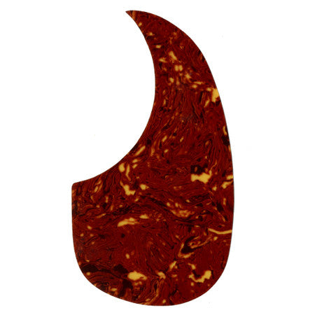 Dark red and tan patterned plastic piece shaped like a guitar pickguard.