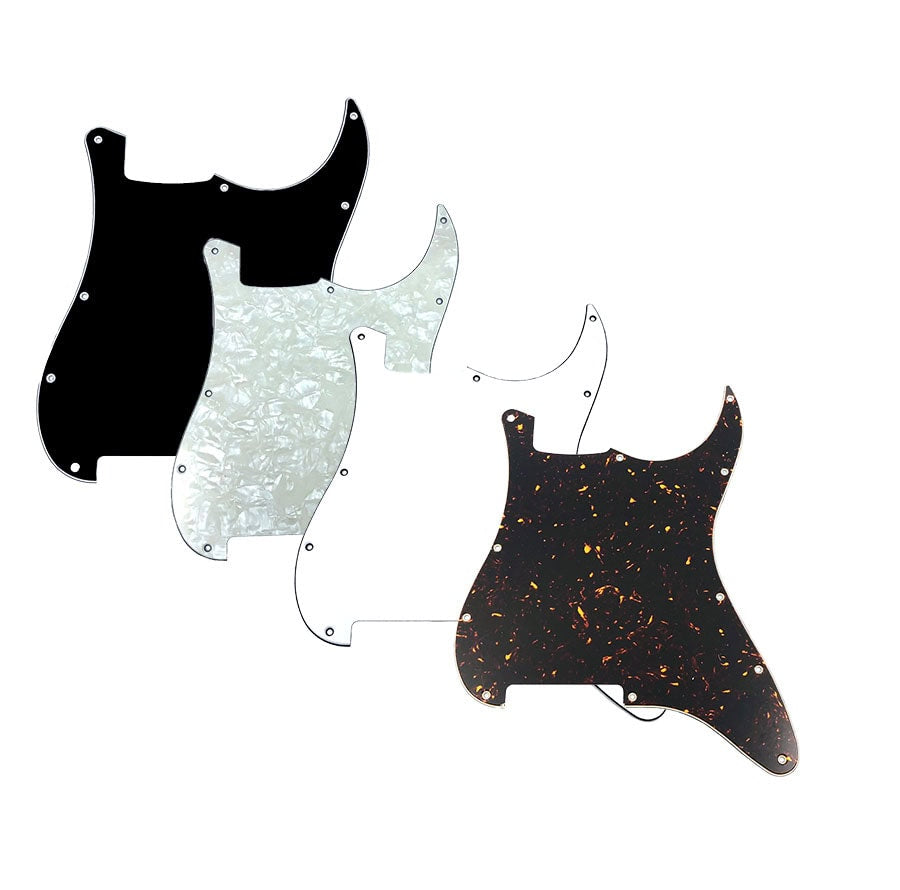 Four guitar pickguards with 11 holes in black, white, pearloid, and tortoiseshell finishes.