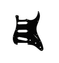Black guitar pickguard with 11 holes and three elongated cutouts on a white background.