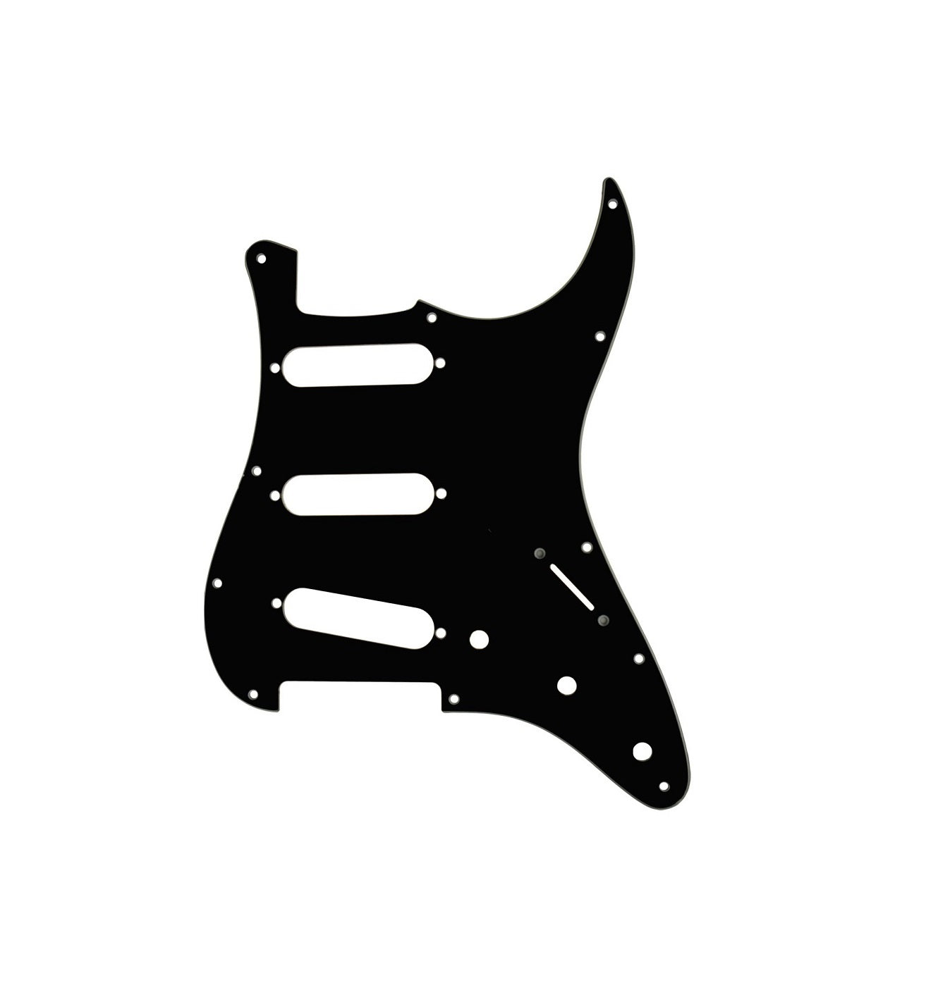 Black guitar pickguard with 11 holes and three elongated cutouts on a white background.