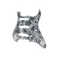 Grey paisley patterned pickguard with 11 holes and three pickup slots for a guitar.