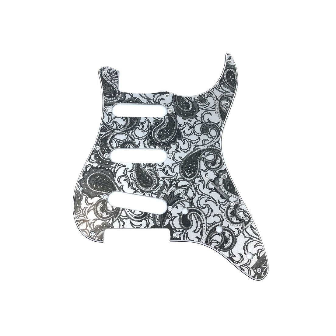 Grey paisley patterned pickguard with 11 holes and three pickup slots for a guitar.