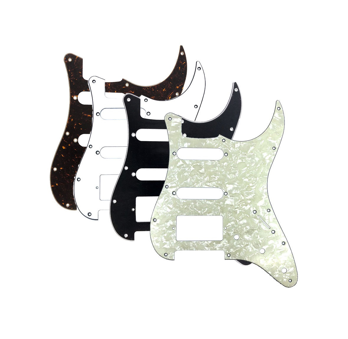 Four guitar pickguards in different colors layered in a fan arrangement on a white background.