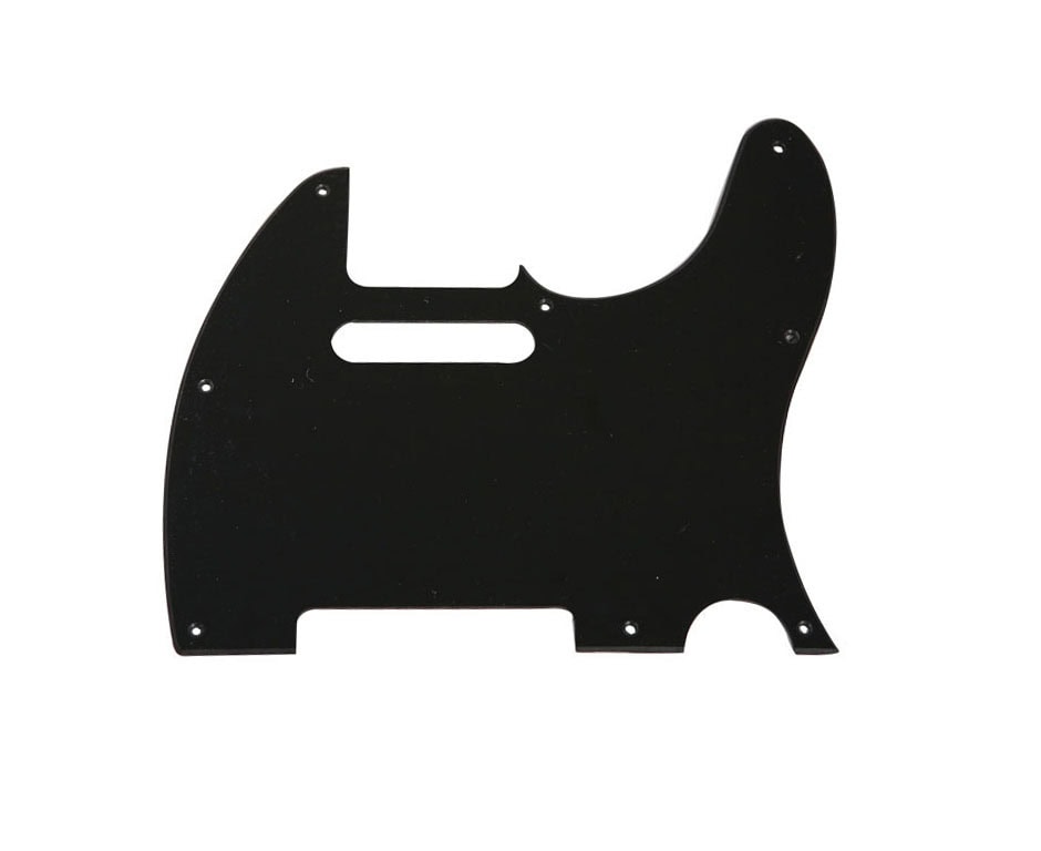 Black one-ply pickguard for a guitar with multiple mounting holes and a pickup slot cutout.