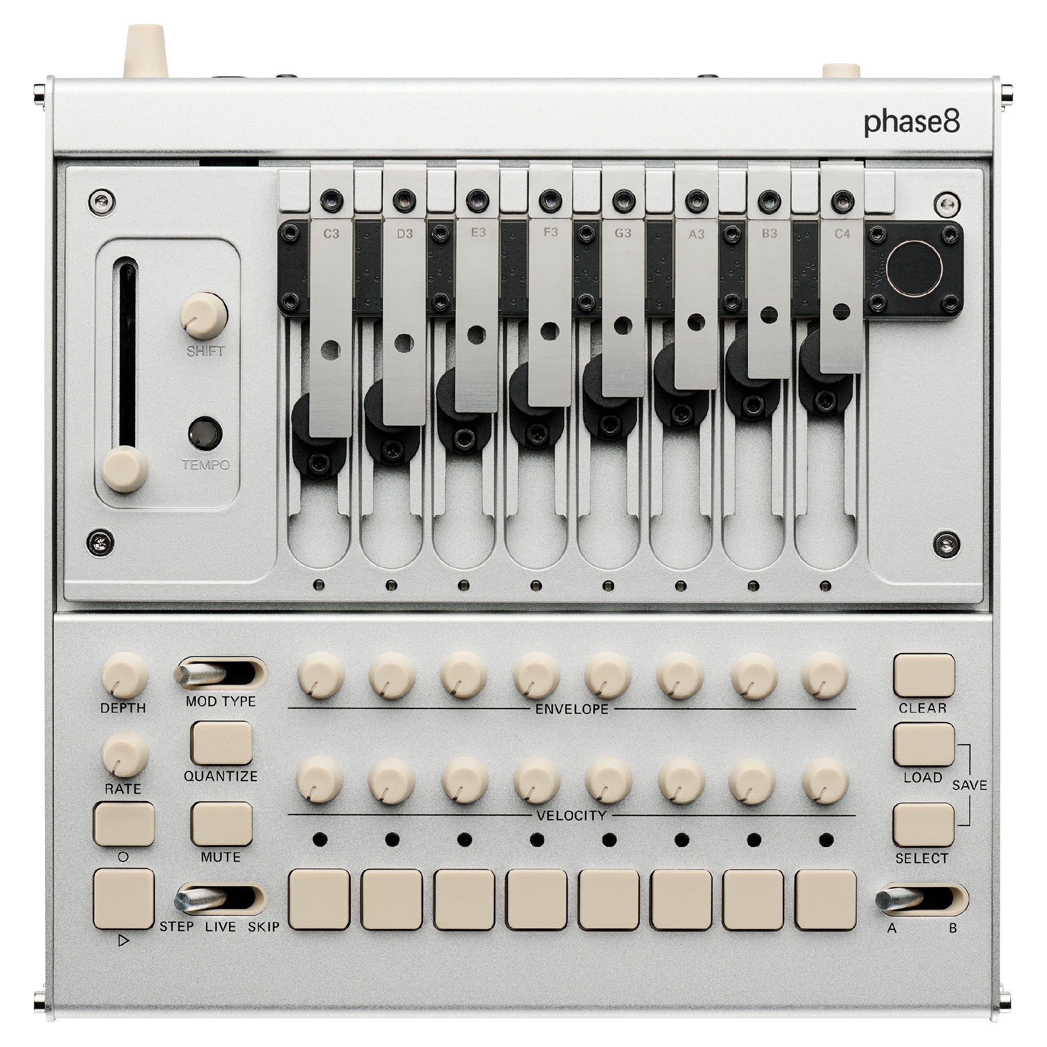 Top view of a silver Korg Phase-8 synthesizer with nine metal keys and multiple knobs, buttons, and sliders.