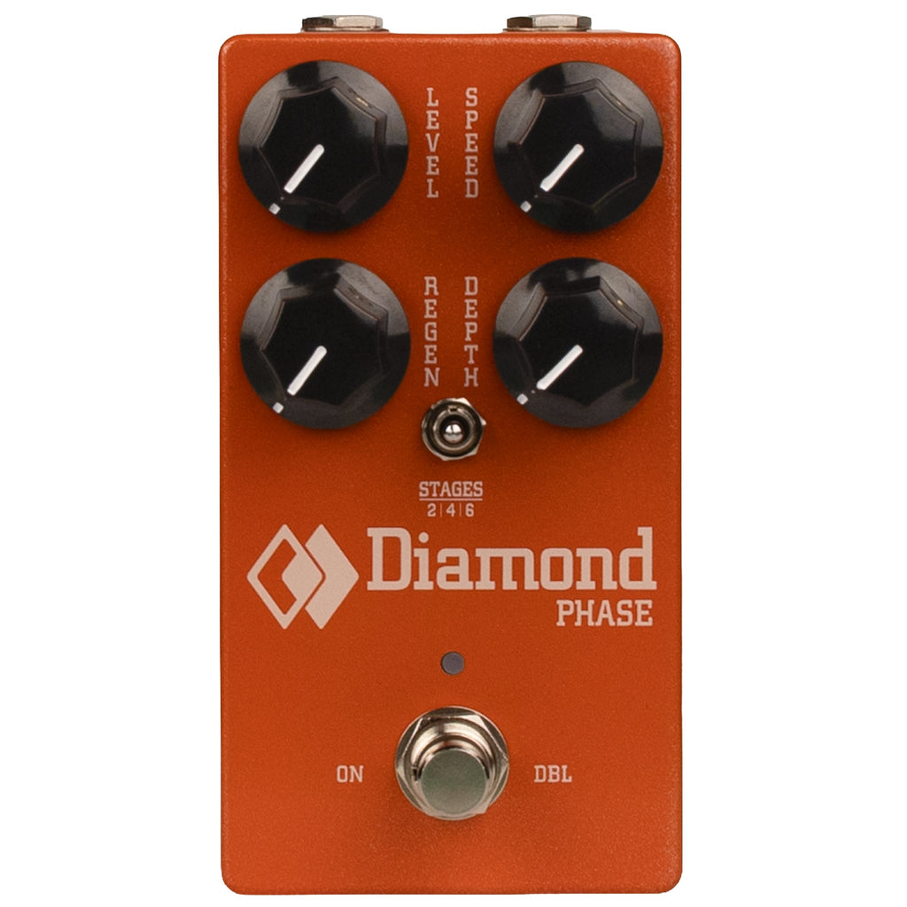 Orange guitar effects pedal with four black knobs, a toggle switch, and a footswitch labeled Diamond Phase.
