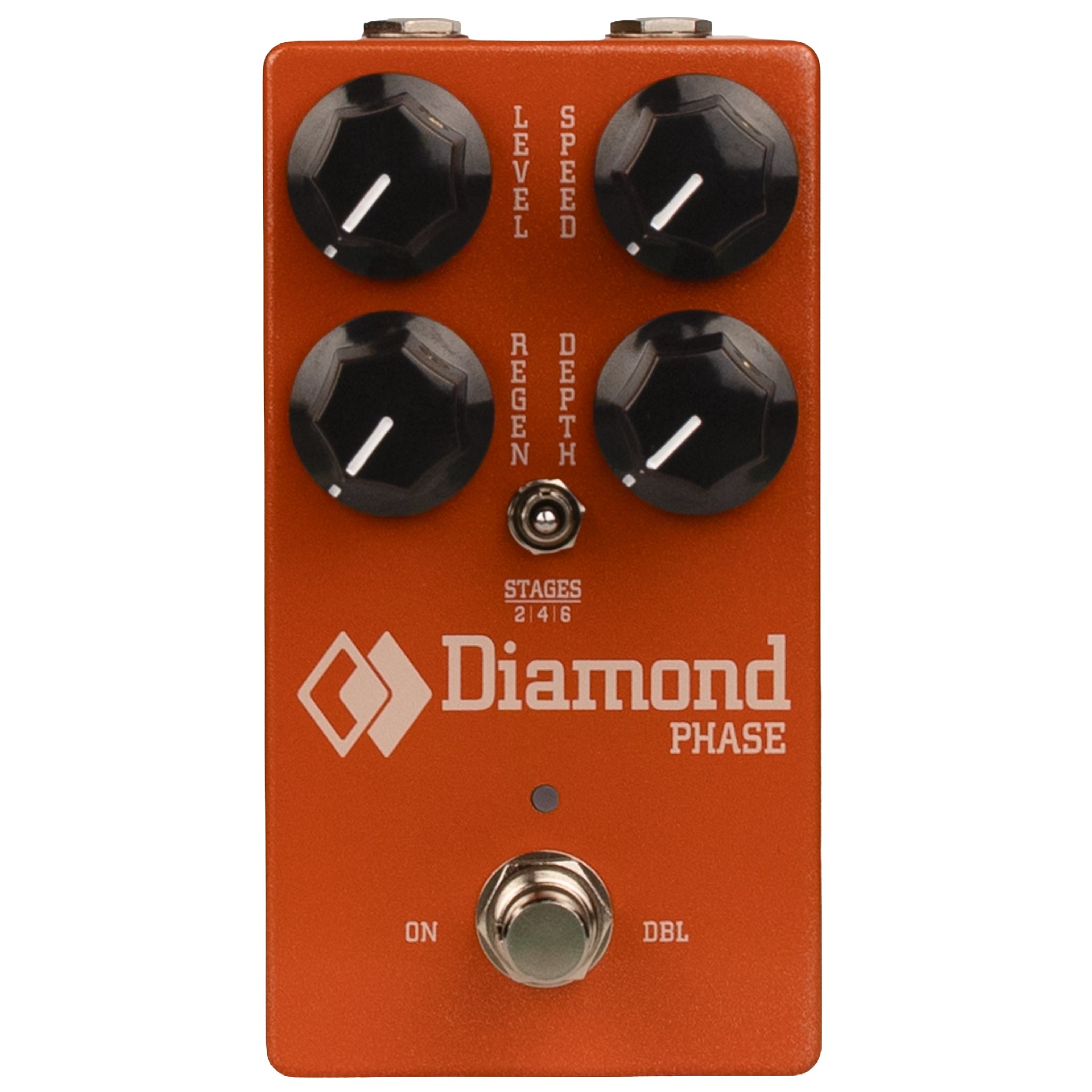 Orange guitar effects pedal with four black knobs, a toggle switch, and a footswitch labeled Diamond Phase.