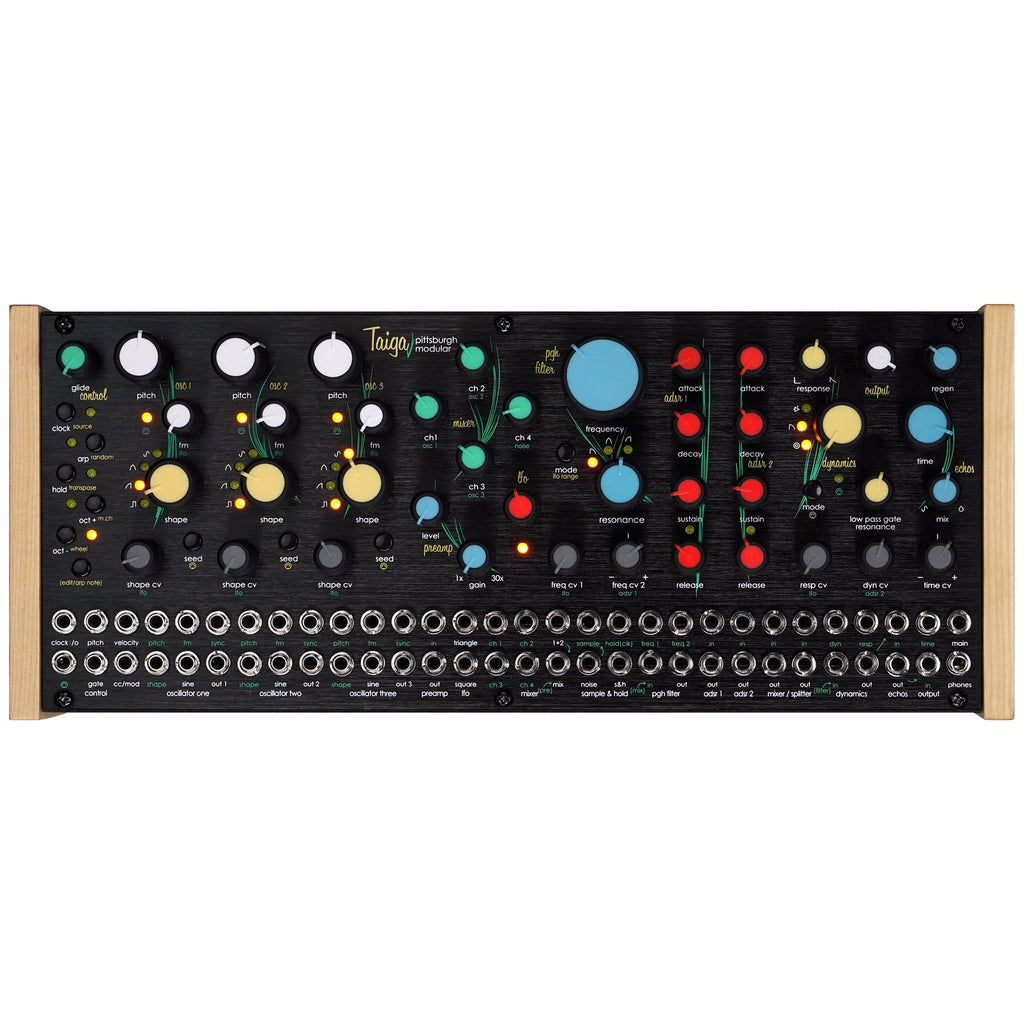 Front panel view of a Pittsburgh Modular Taiga synthesizer with multiple knobs, jacks, and indicator lights.