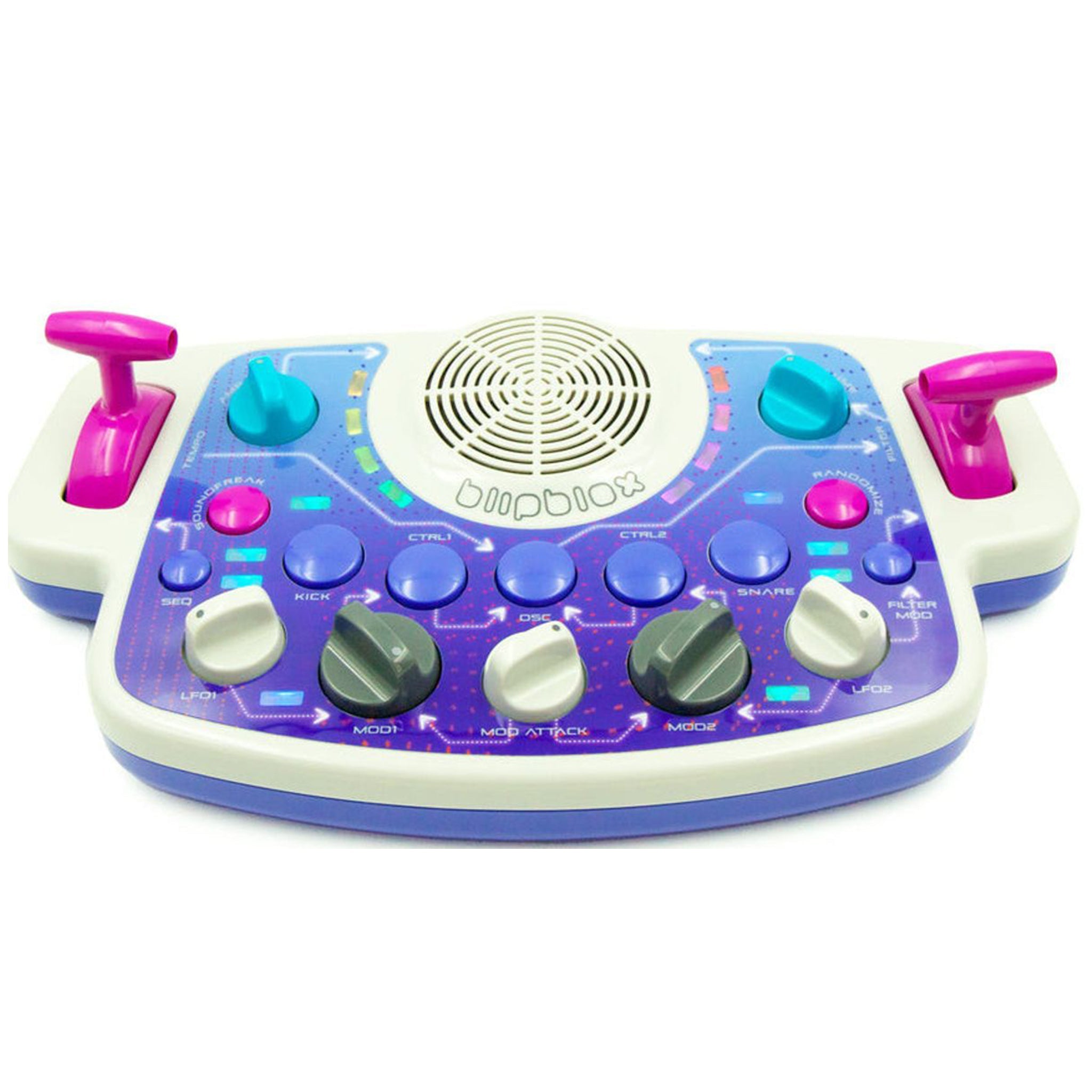Colorful synthesizer or sound device with knobs, buttons, joysticks, and a central speaker grille.
