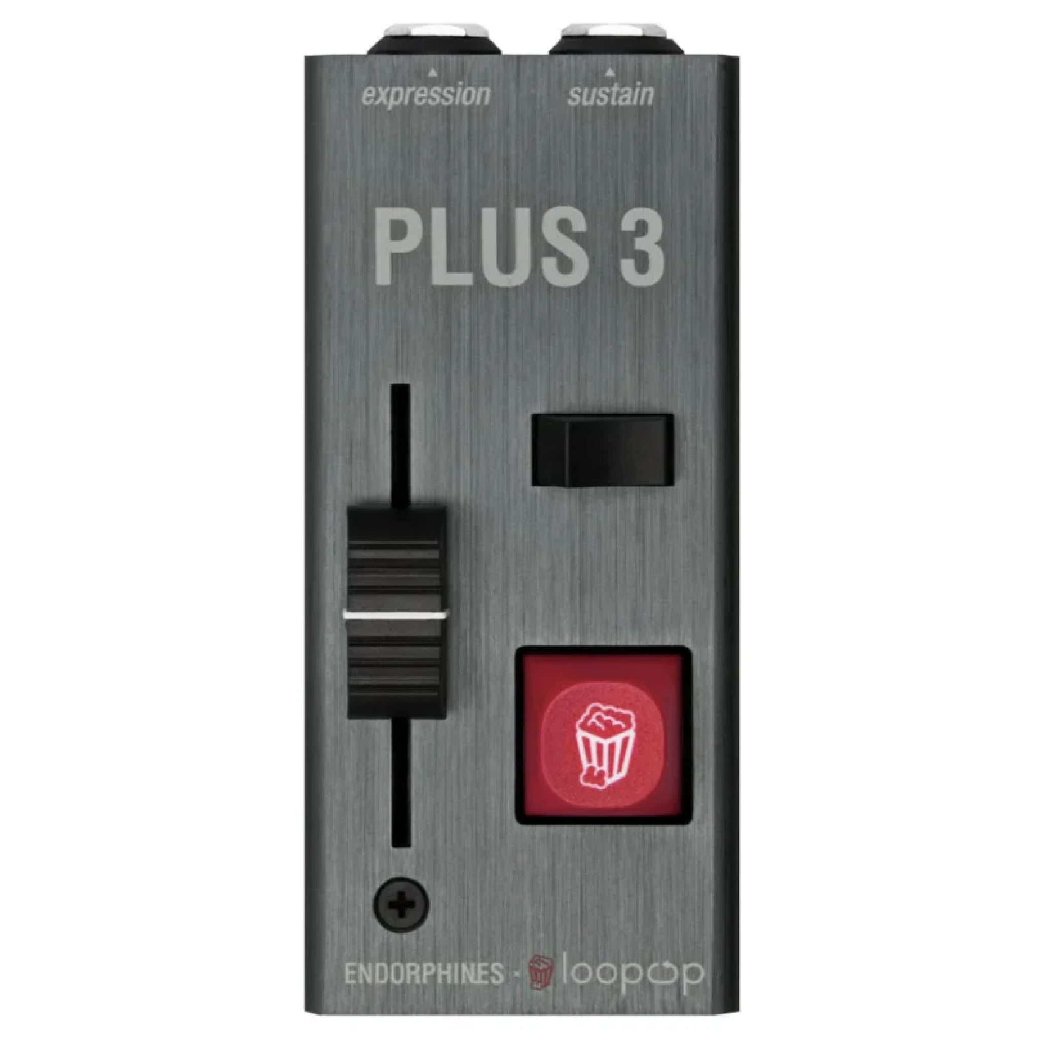 A gray rectangular electronic pedal with a fader, toggle switch, and red square button labeled with a popcorn icon.