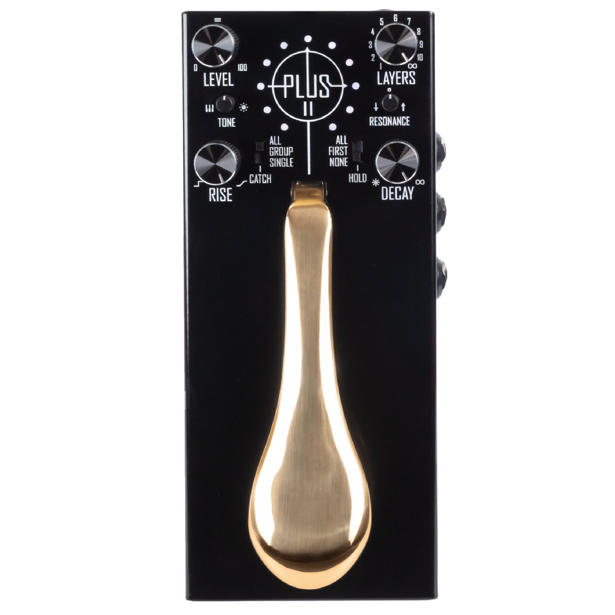 Black effects pedal with gold piano-style sustain pedal and multiple control knobs and switches.