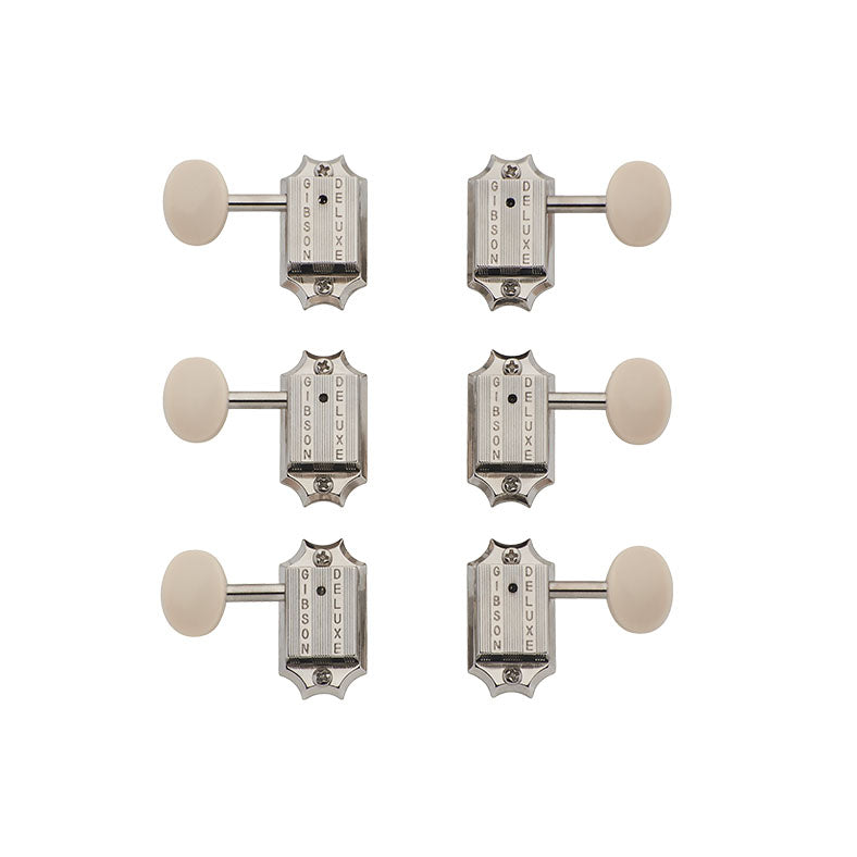 Set of six vintage-style silver guitar tuners with white round buttons and engraved branding.