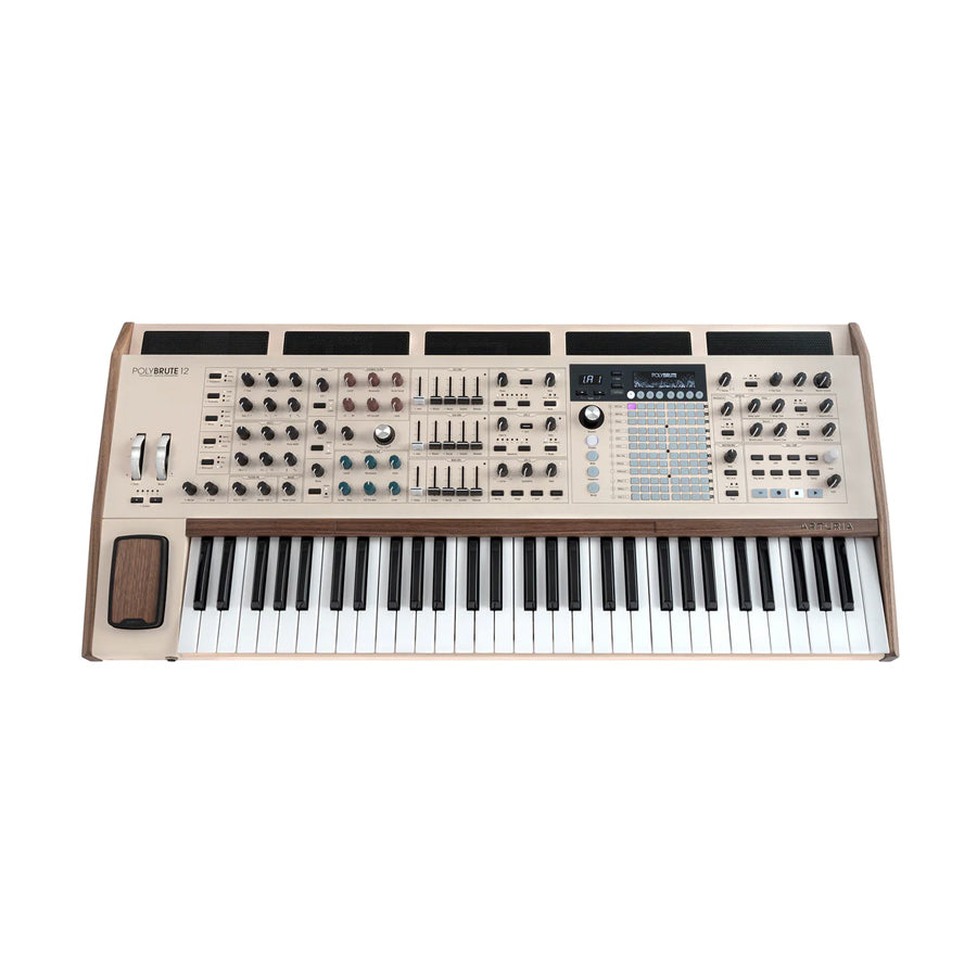 Beige synthesizer keyboard with black and white keys and multiple knobs, sliders, and buttons on top panel