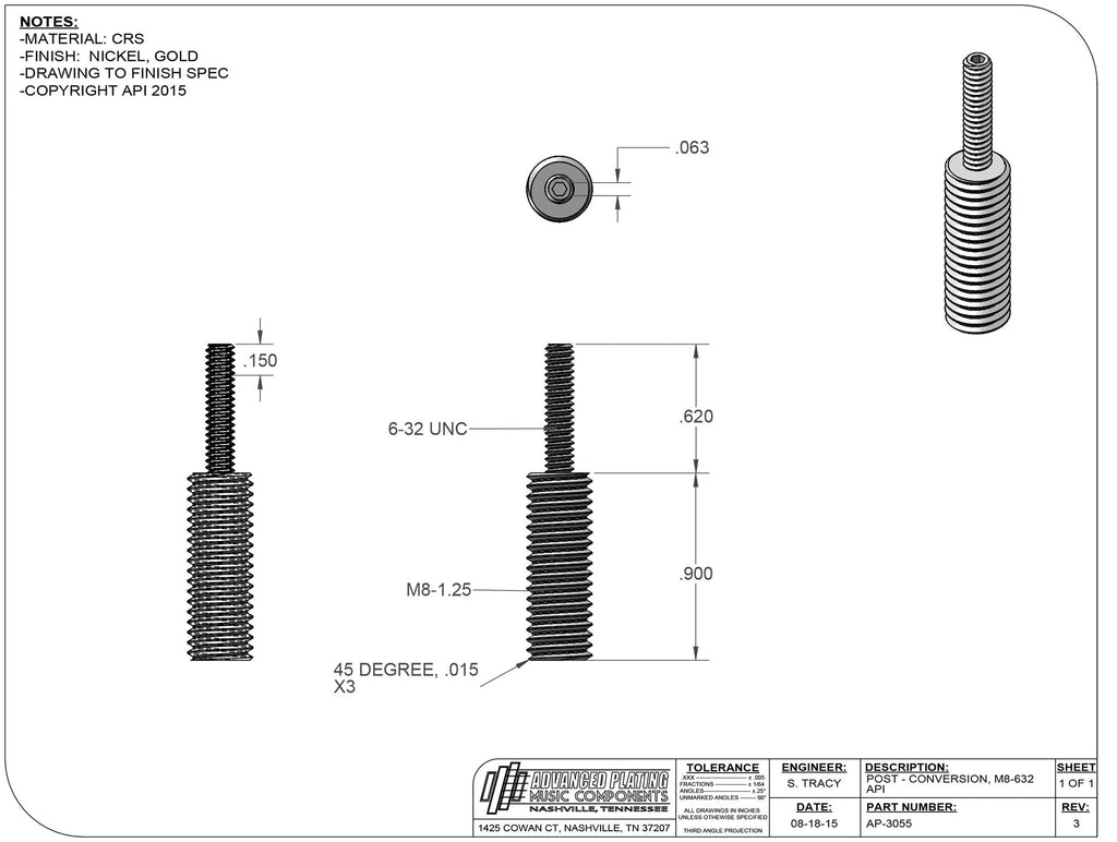 Advanced Plating Nashville Tune-O-Matic to ABR-1 Conversion Posts – Metric