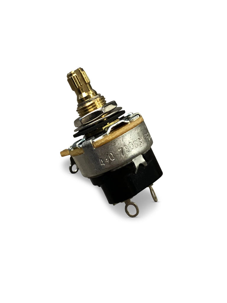 Single rotary potentiometer with gold short shaft and three solder lug terminals on white background