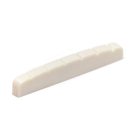 Off-white flat slotted nut saddle with six notches on a white background.