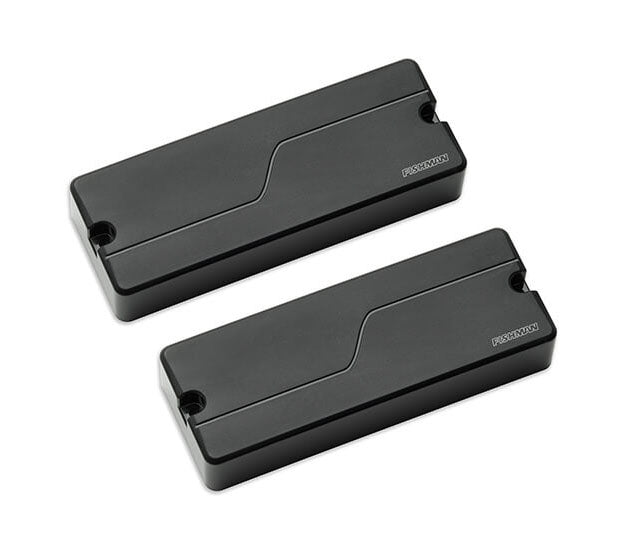 Two black rectangular soapbar pickups with screw holes labeled Fishman.