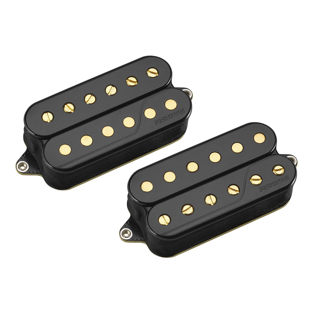 Pair of black humbucker guitar pickups with gold poles and Fishman branding.