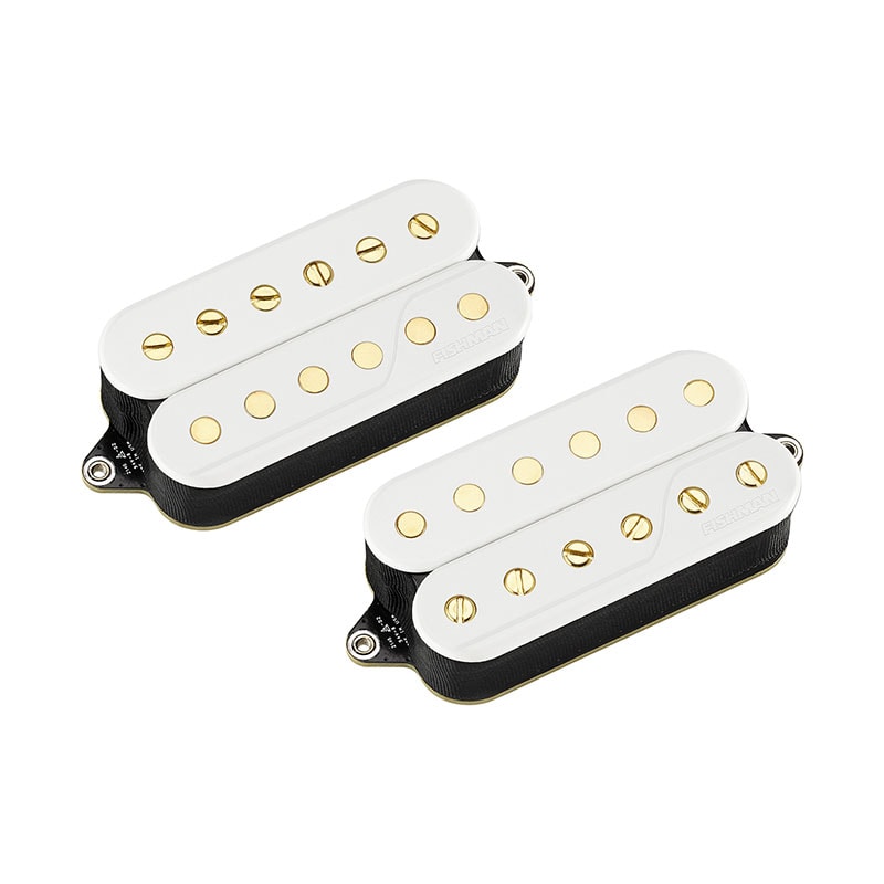 Two white humbucker guitar pickups with gold pole pieces and black bases on a white background.