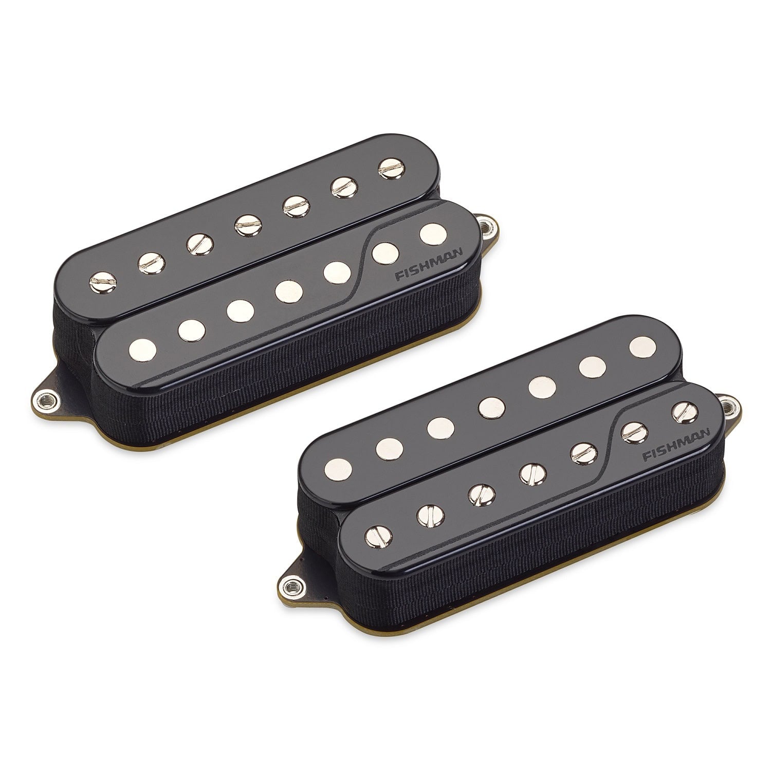 Two black humbucker guitar pickups with silver pole pieces and Fishman branding.