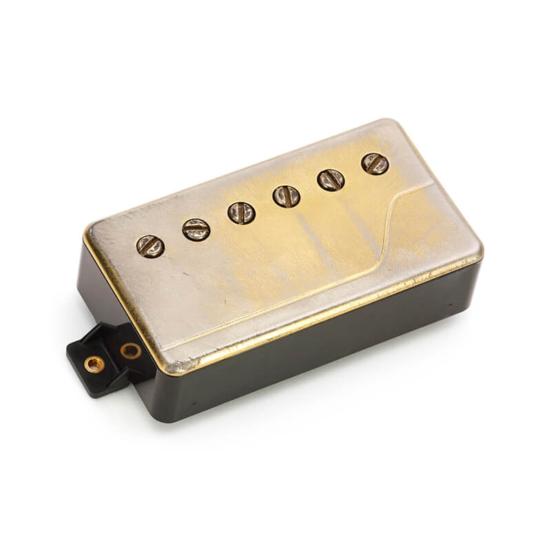 Gold and black guitar pickup with six visible adjustable pole screws on top and mounting tabs.